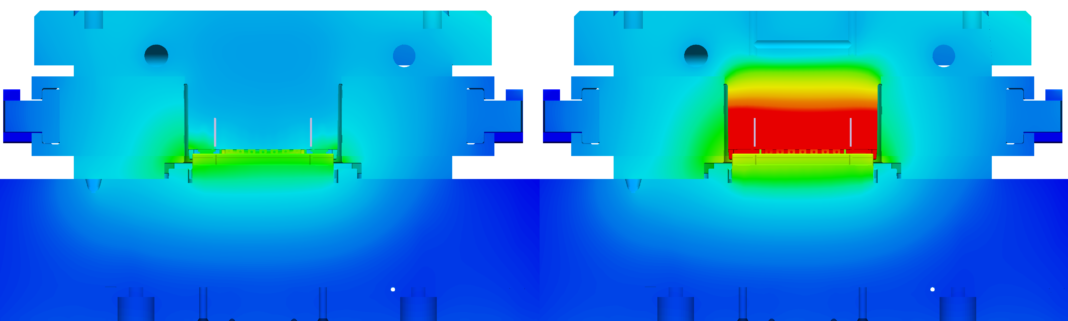 Mold temperature control on the left using conformal cooling, on the right using conventional cooling.